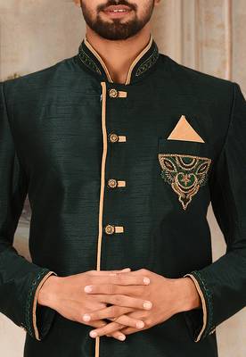 Royal blue dupion arts silk anghrakha design with hand work on collar, hand and chest pocket indo western 3