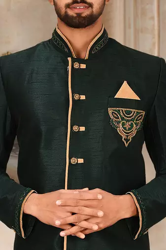 Royal blue dupion arts silk anghrakha design with hand work on collar, hand and chest pocket indo western