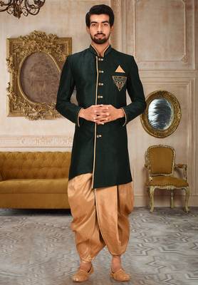 Royal blue dupion arts silk anghrakha design with hand work on collar, hand and chest pocket indo western 1