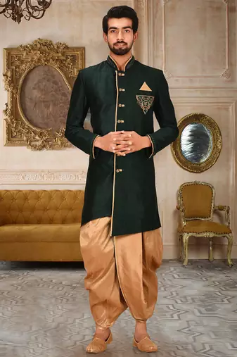 Royal blue dupion arts silk anghrakha design with hand work on collar, hand and chest pocket indo western