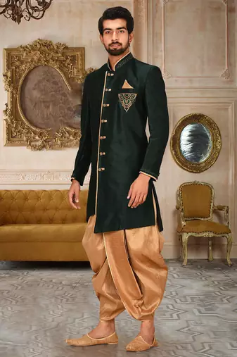 Royal blue dupion arts silk anghrakha design with hand work on collar, hand and chest pocket indo western