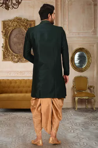 Royal blue dupion arts silk anghrakha design with hand work on collar, hand and chest pocket indo western