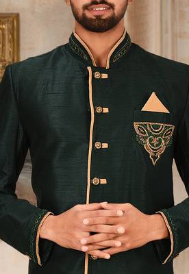 Royal blue dupion arts silk anghrakha design with hand work on collar, hand and chest pocket indo western 4