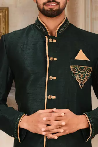 Royal blue dupion arts silk anghrakha design with hand work on collar, hand and chest pocket indo western