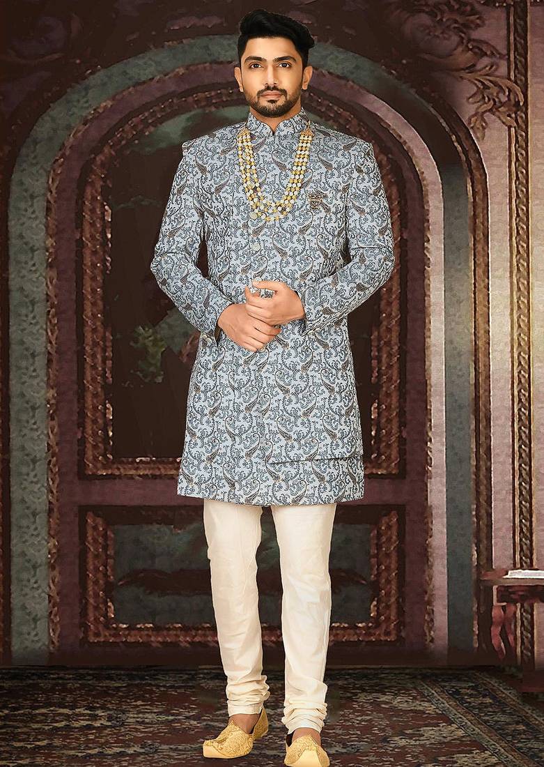 Sky blue anghrakha pattern work indo western