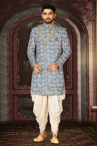 Sky blue anghrakha pattern work indo western
