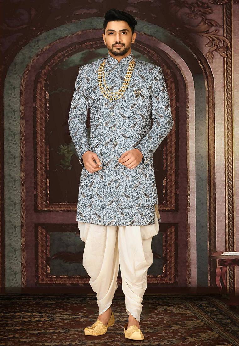 Sky blue anghrakha pattern work indo western