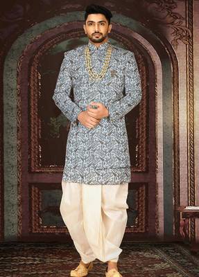 Sky blue anghrakha pattern work indo western 1