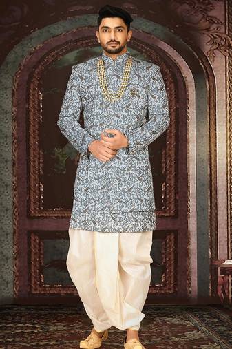 Sky blue anghrakha pattern work indo western