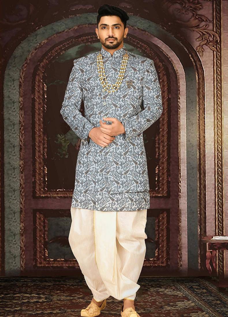 Sky blue anghrakha pattern work indo western