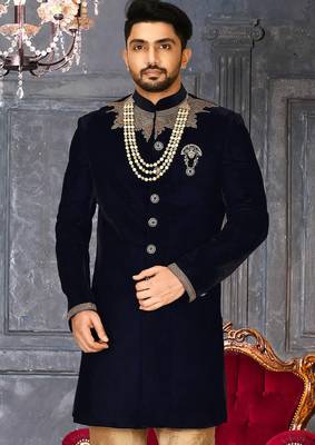 Navy blue straight pattern work on handwork on neckline indo western 5