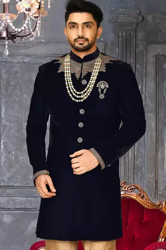 Navy blue straight pattern work on handwork on neckline indo western