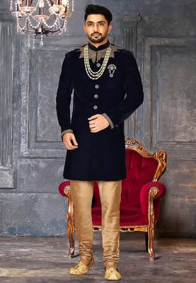 Navy blue straight pattern work on handwork on neckline indo western 5