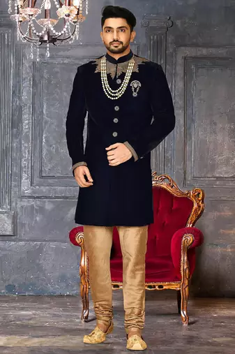 Navy blue straight pattern work on handwork on neckline indo western