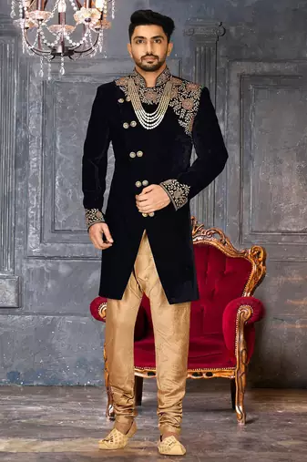 Navy blue navy blue velvet anghrakha design with hand work on collar, front and hand indo western