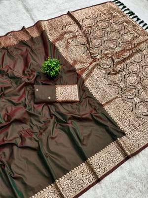 Brown soft banarasi silk fabric saree with natural zari weaving in gala border 2