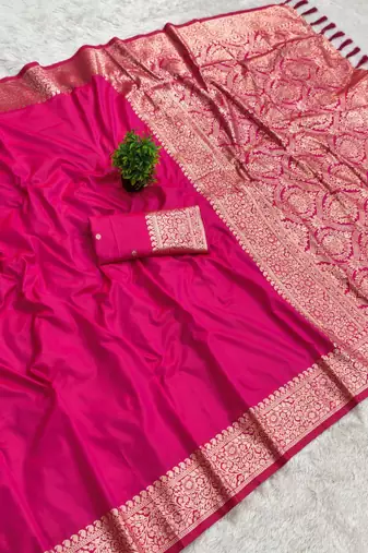 Pink soft banarasi silk fabric saree with natural zari weaving in gala border