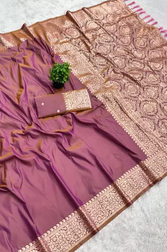 Lavender soft banarasi silk fabric saree with natural zari weaving in gala border