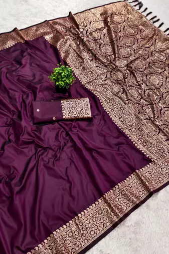 Wine soft banarasi silk fabric saree with natural zari weaving in gala border
