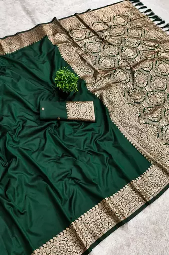 Green soft banarasi silk fabric saree with natural zari weaving in gala border