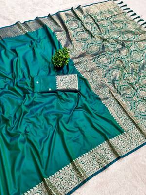 Sea greensoft banarasi silk fabric saree with natural zari weaving in gala border 2