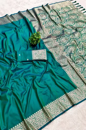 Sea greensoft banarasi silk fabric saree with natural zari weaving in gala border
