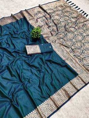 Teal soft banarasi silk fabric saree with natural zari weaving in gala border 2