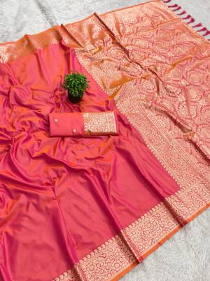 Peach soft banarasi silk fabric saree with natural zari weaving in gala border 2