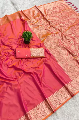 Peach soft banarasi silk fabric saree with natural zari weaving in gala border