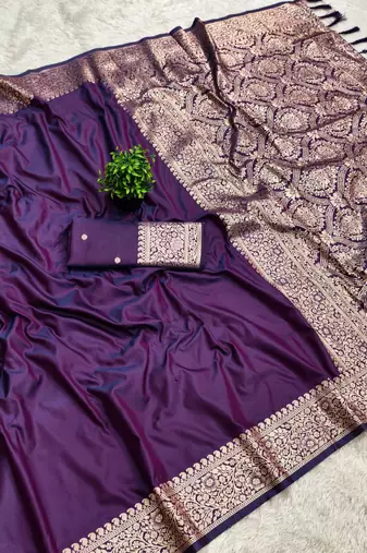 Purple soft banarasi silk fabric saree with natural zari weaving in gala border