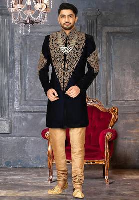 Navy blue navy blue velvet anghrakha design with hand work on collar, front and hand indo western 4