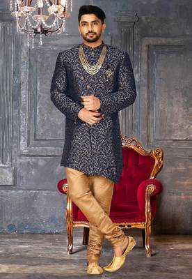 Navy blue anghrakha pattern work indo western 4