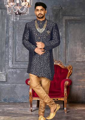 Navy blue anghrakha pattern work indo western 4