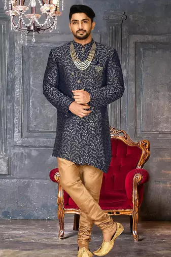 Navy blue anghrakha pattern work indo western