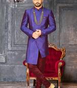 Royal blue anghrakha pattern work with mahroon pipe in indo western