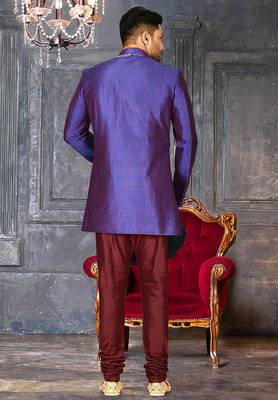 Royal blue anghrakha pattern work with mahroon pipe in indo western 4