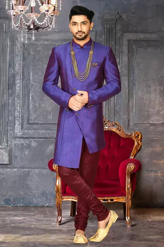 Royal blue anghrakha pattern work with mahroon pipe in indo western