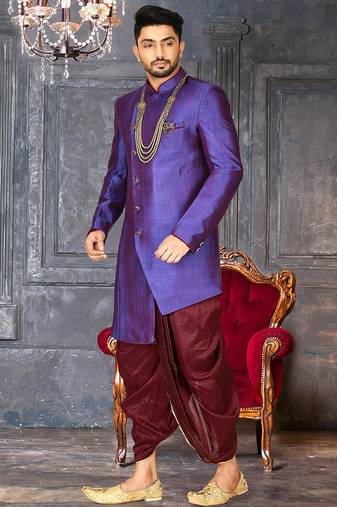 Royal blue anghrakha pattern work with mahroon pipe in indo western