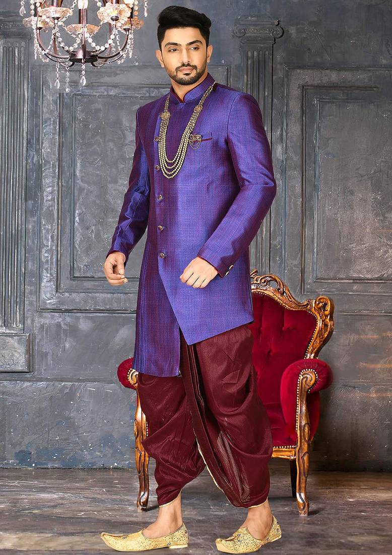 Royal blue anghrakha pattern work with mahroon pipe in indo western