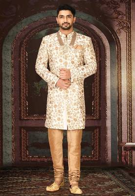 Cream dupion arts silk straight design with emb all over work indo western 4
