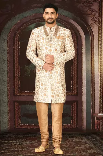 Cream dupion arts silk straight design with emb all over work indo western