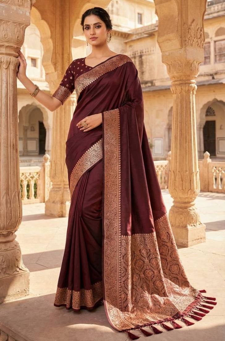 Coffee soft banarasi silk fabric saree with natural zari weaving in gala border