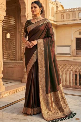 Brown soft banarasi silk fabric saree with natural zari weaving in gala border