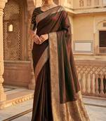 Brown soft banarasi silk fabric saree with natural zari weaving in gala border
