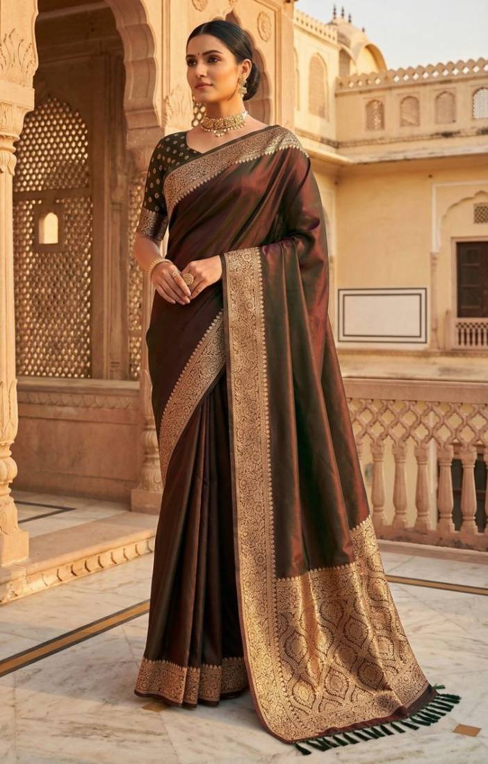 Brown soft banarasi silk fabric saree with natural zari weaving in gala border