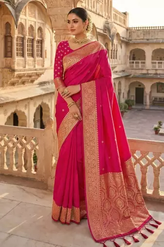 Pink soft banarasi silk fabric saree with natural zari weaving in gala border