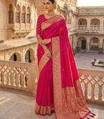 Pink soft banarasi silk fabric saree with natural zari weaving in gala border