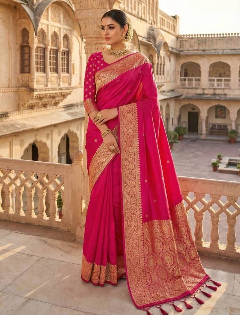 Pink soft banarasi silk fabric saree with natural zari weaving in gala border