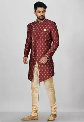 Red anghrakha pattern work with fawn pipe in indo western 1
