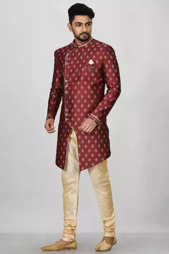 Red anghrakha pattern work with fawn pipe in indo western